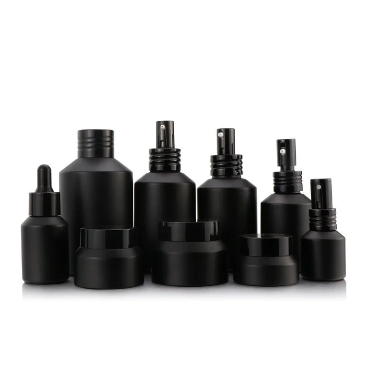15g-100g 15ml-200ml sloping shoulder black matt lucifugal essential oil bottle face cream jar dropper/spray pump glass bottle