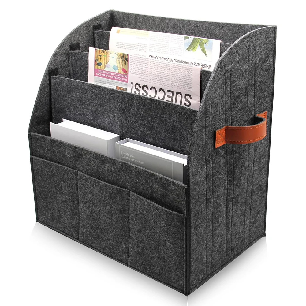 Detachable & Foldable Felt Newspaper Storage Basket with Leather Handles for Desk