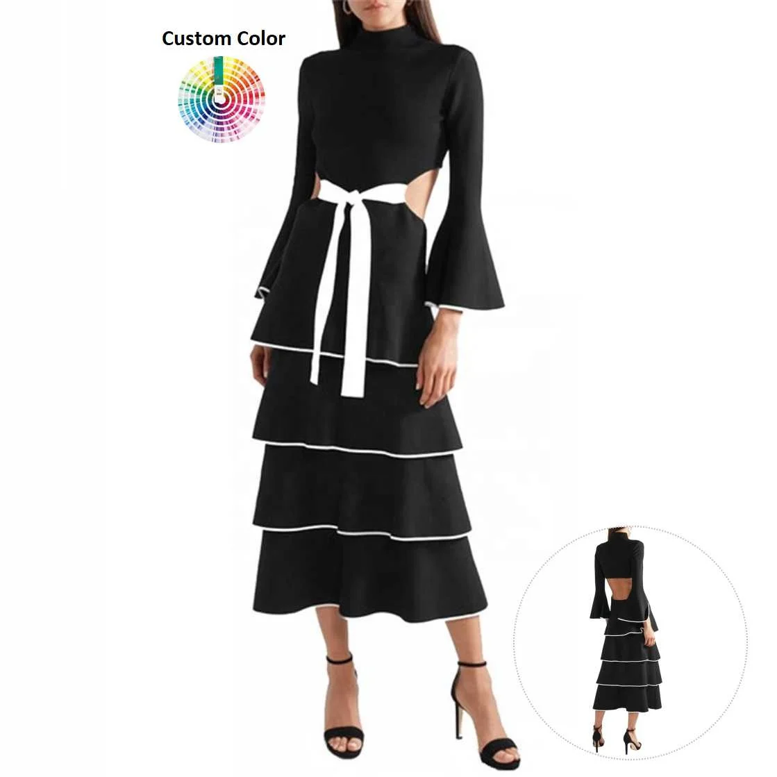 
D005 New Model Black Flare Sleeve Cut Back Layered Stylish Sexy Dress with Whit Belt 