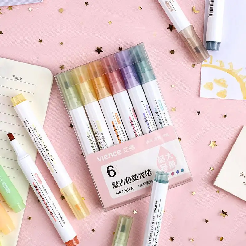 Creative Highlighter Set Large-capacity Marker Pens School Students Multicolor Watercolor Marker Pens 6 per box
