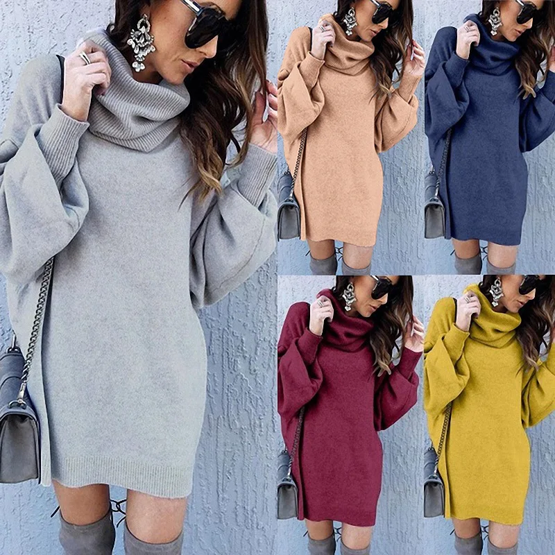 Solid  turtleneck long sleeve sweater dress women autumn winter loose tunic knit pullovers sweater casual knitted dress