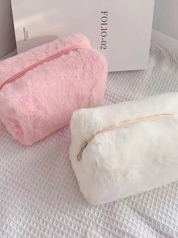 Macaron Faux Fur Female Women Sweet Soft Waxy Portable Makeup Cosmetic make up bag custom plush Pen bag Handbag