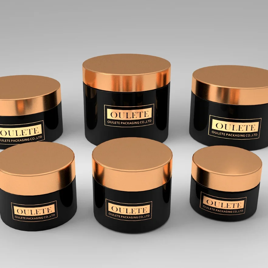 
custom black round container with gold cap cosmetic 30g PET cream jar 1 oz jar for skin care 
