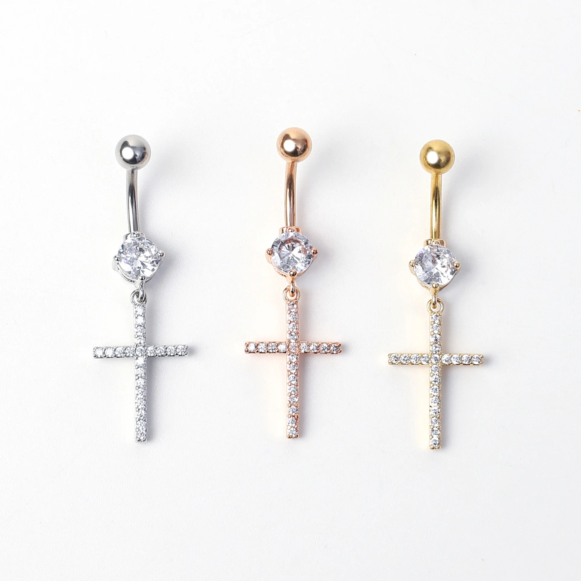 14G Crystal Paved Cross Dangle Navel Piercing For Women Summer Body Piercing Jewelry 316L Surgical Steel Cross Belly Button Ring