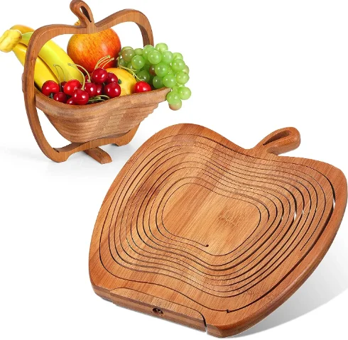 Collapsible Bamboo Fruit Basket Dried Fruit wooden Basket bamboo food Tray Turns into Wooden Snack basket