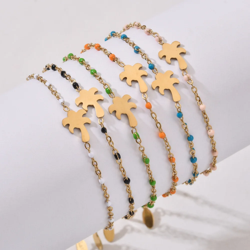 Stainless Steel Colorful Dripping Beads Bohemian Palm Tree Miyuki Beaded Bracelet for Women Beach Jewelry