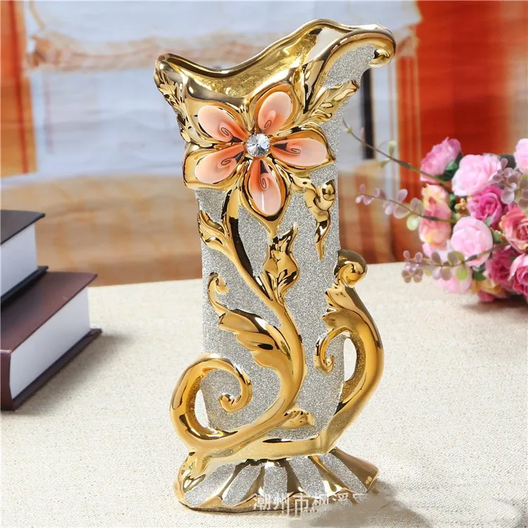 chaozhou luxury ceramic vase with metal gold flower embossed rustic flower vase for home weeding table decor