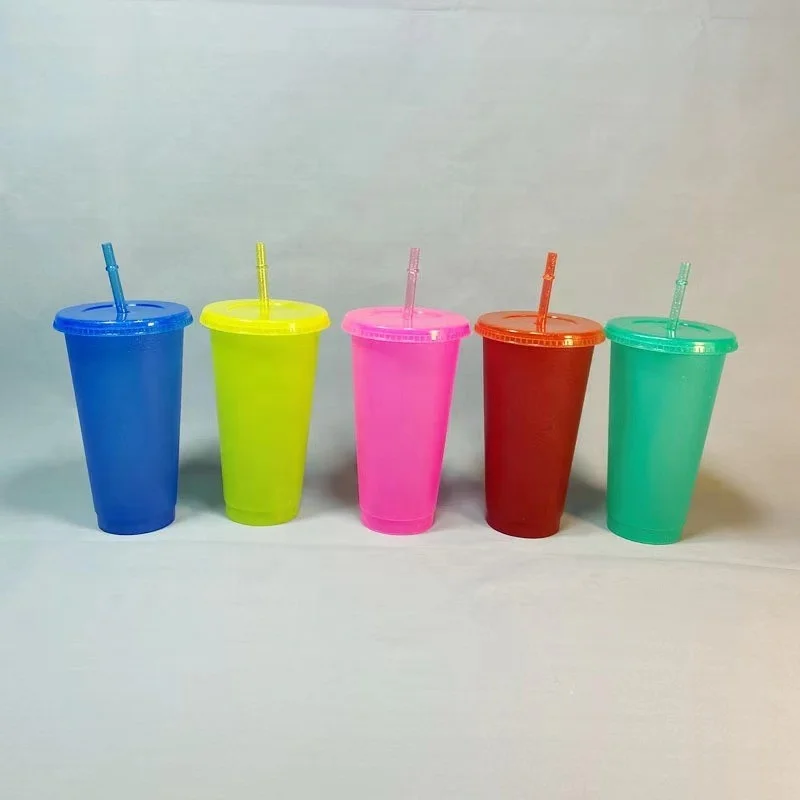 Reusable BPA free Custom Promotion Stadium Mood Color Cup plastic coffee cup cold water color changing cup with lid and straw