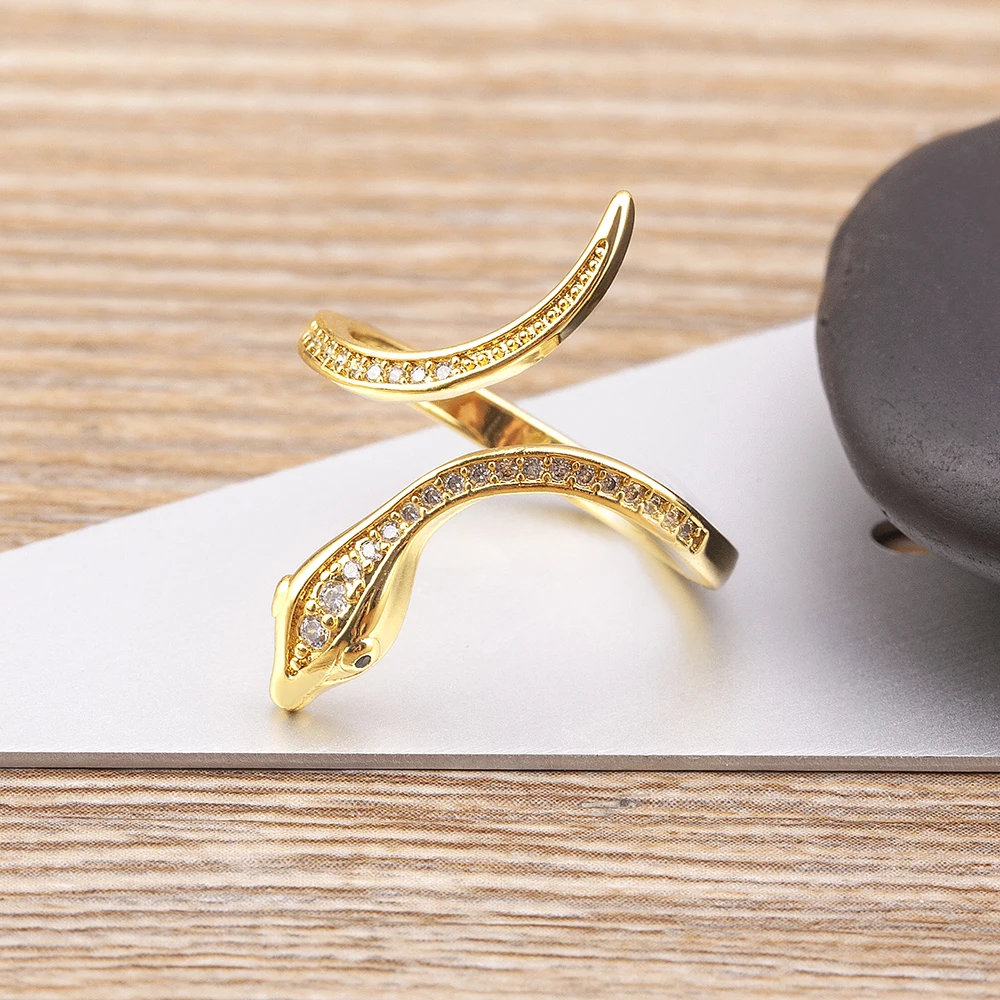 QIKU Fashion Gold Color Snake Shape Copper Zircon Ring Opening Adjustable Jewelry Women Unusual Accessories Girl Gift Wholesale