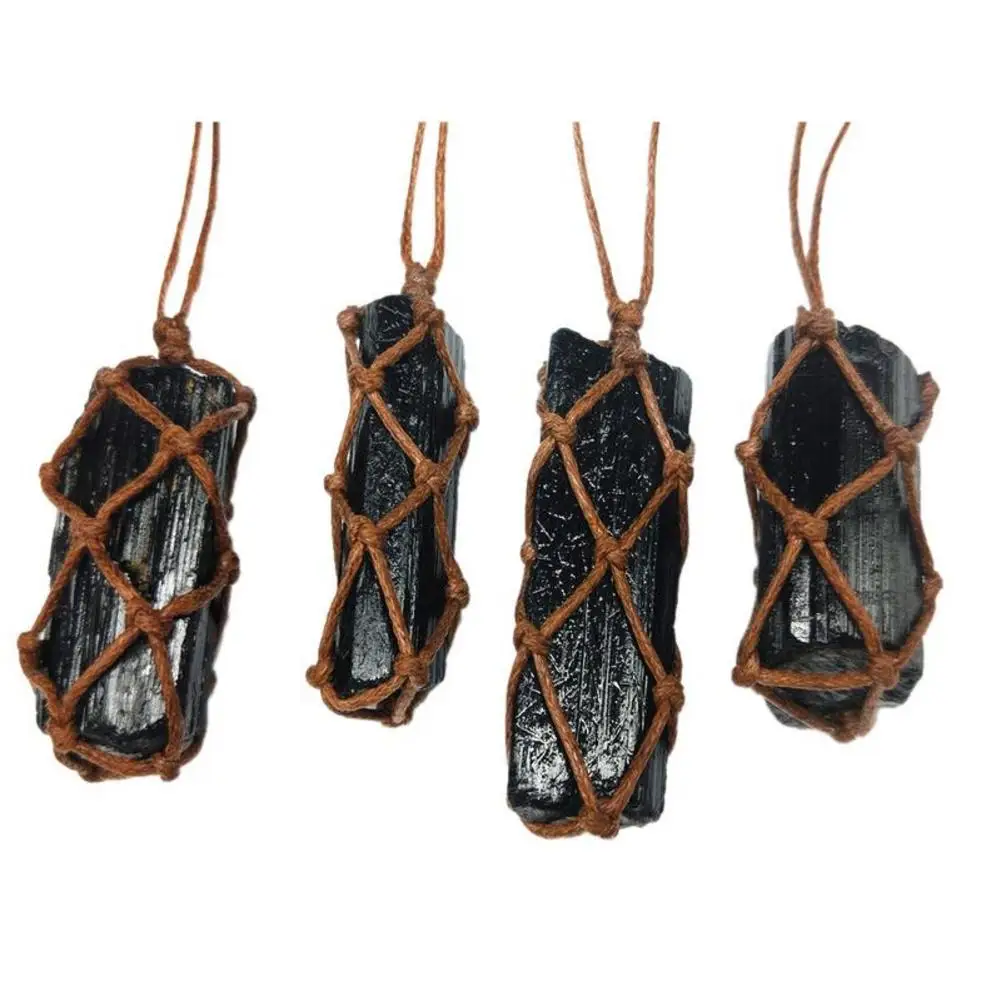 
1 Pcs Natural Black Tourmaline Stone Necklace Retro Raw Gemstone Pendant Crystal Hand-Woven Craft Jet Stone Radiation Protection 