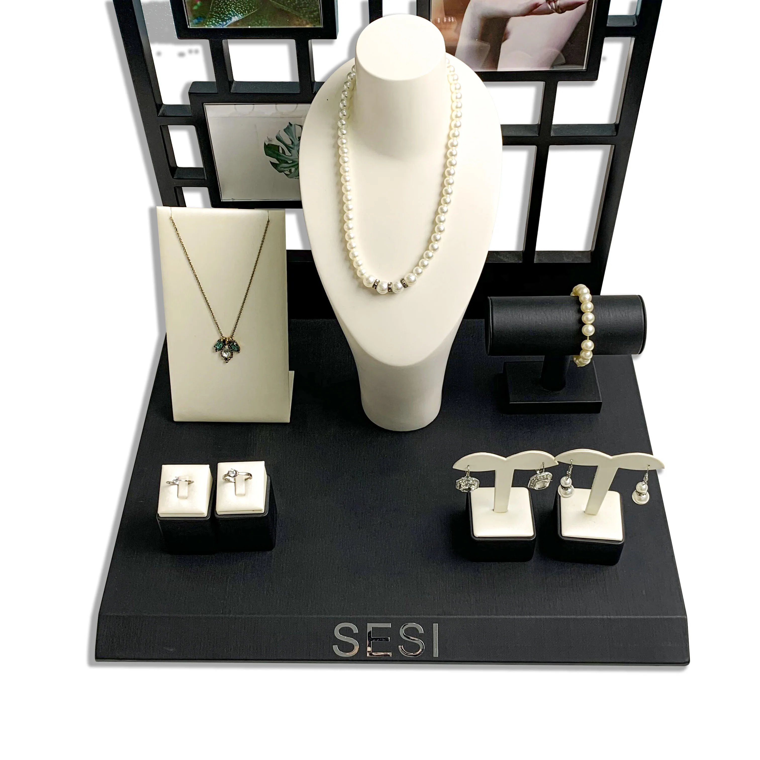 SESI Classic Vintage Window Jewelry Display Set For Earrings Ring Necklace Display Stand Set With Lacquer Painting