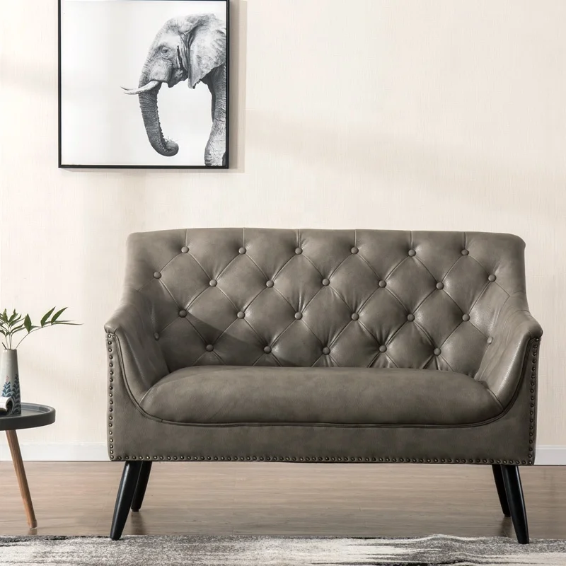 
American style pu leather grey upholstered nailhead living room sofas love seat 