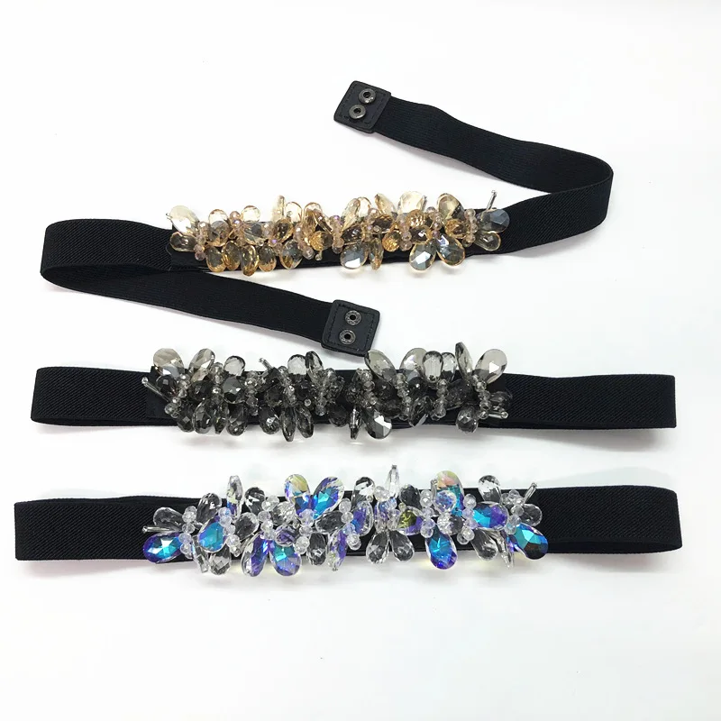 Fashion Sparkly Rhinestone Belt Luxury Waistband Elastic Belts For Woman Black Stretch Waist Belt