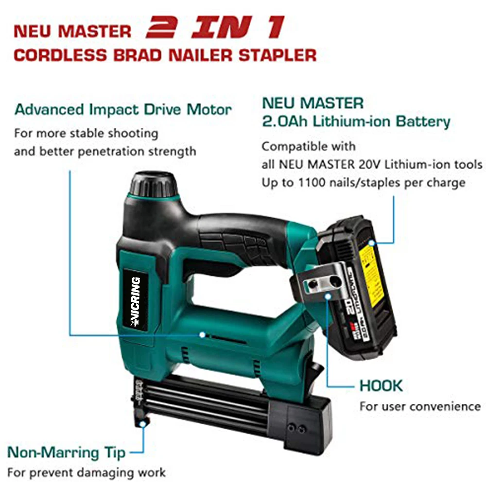 VICRING  Nail Gun And Staple 18V Max 2.0Ah Cordless Nailer Battery Power Tool Nail Gun Safety Nailer Cordless Nailer Easy-to-use