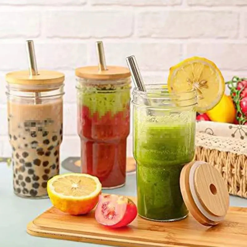 2023 new Reusable Glass Bubble Tea Cup Smoothie Tumbler Milkshake Wide Mouth Mason Jar Drinking Glasses with Bamboo Lids Straws