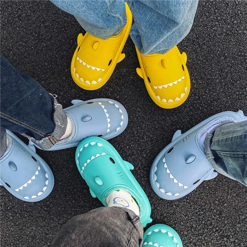 unisex cute cartoon warm winter plush shark slippers adult fluffy platform sole shark slippers for children kid
