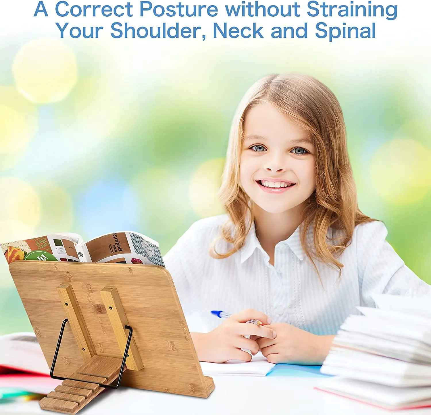 Textbooks Recipe Cookbook Holder Bamboo Adjustable Height Reading Folding Stand with Adjustable Angles and Paper Clips Holds