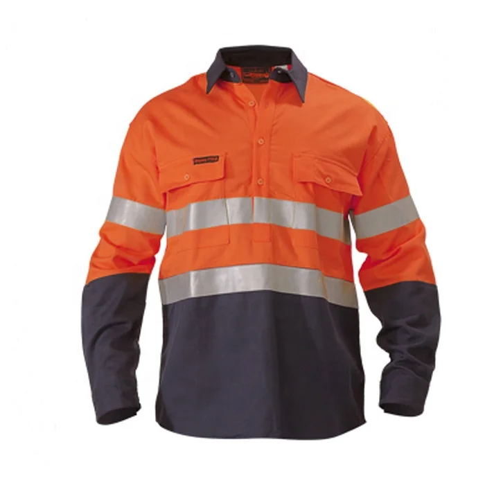 Custom Men Industrial Security Workwear Shirts Long Sleeve Hi Vis Cotton Construction Reflective Safety Works Shirt