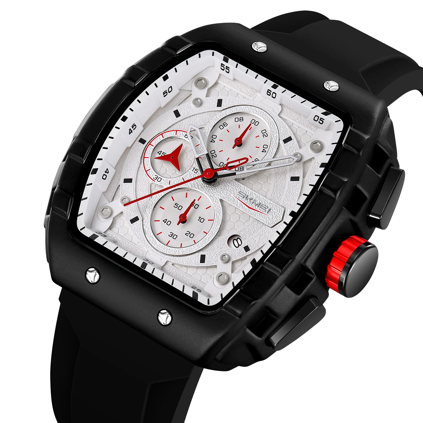 SKMEI 9341 Six-Pin Sports Watch with Large Dial Unique Rectangular Hollow Design Quartz Wristwatches with Chronograph Auto Date