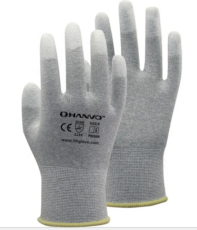 Copper Mixed Carbon Nylon Lining ESD Safe Glove Anti static PU Finger Top Coated Work Gloves