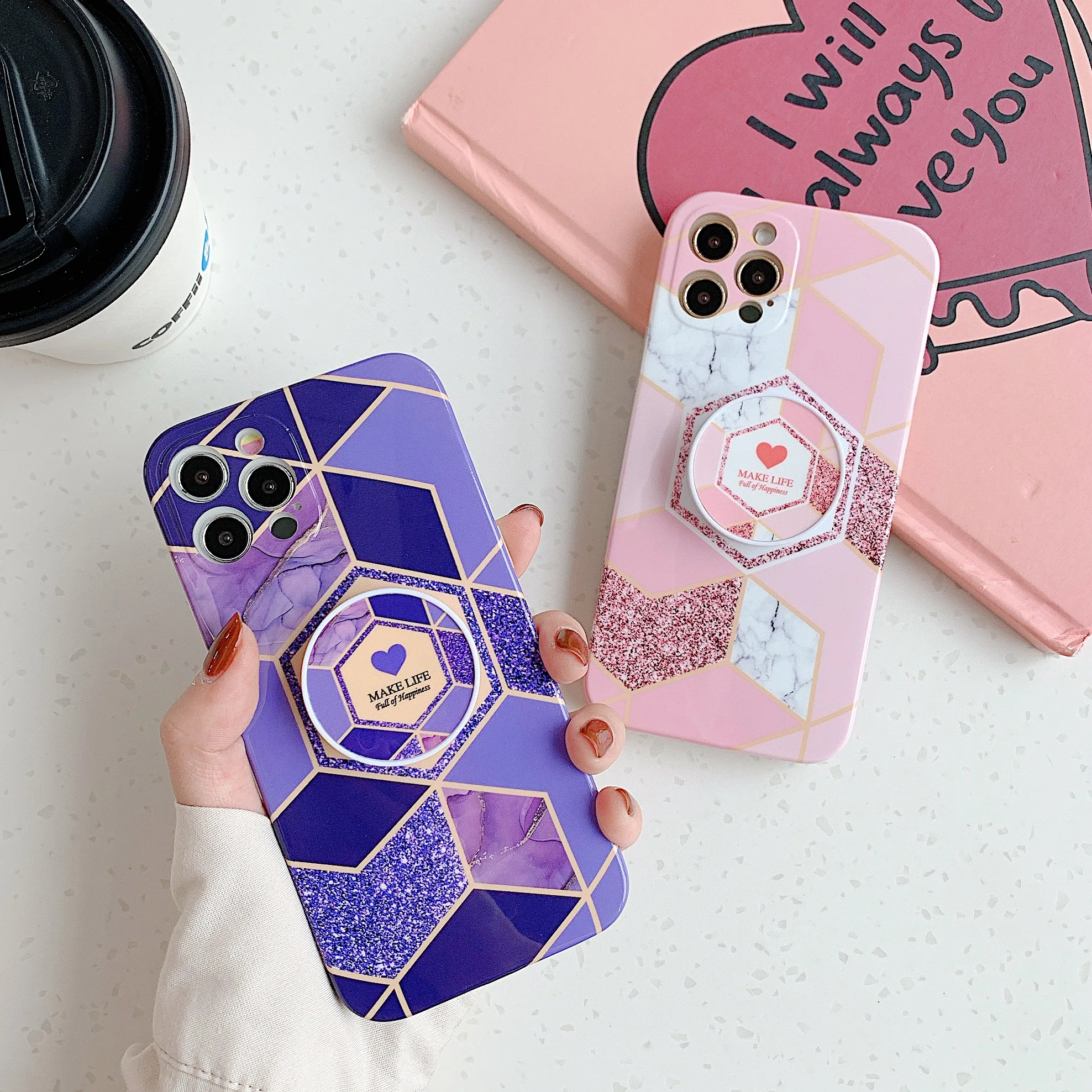 Marble Case patterns Bracket Electroplating Soft IMD Mobile Phone Cases for iPhone 13 12 mini 11 pro max XS XR 7 8 Plus