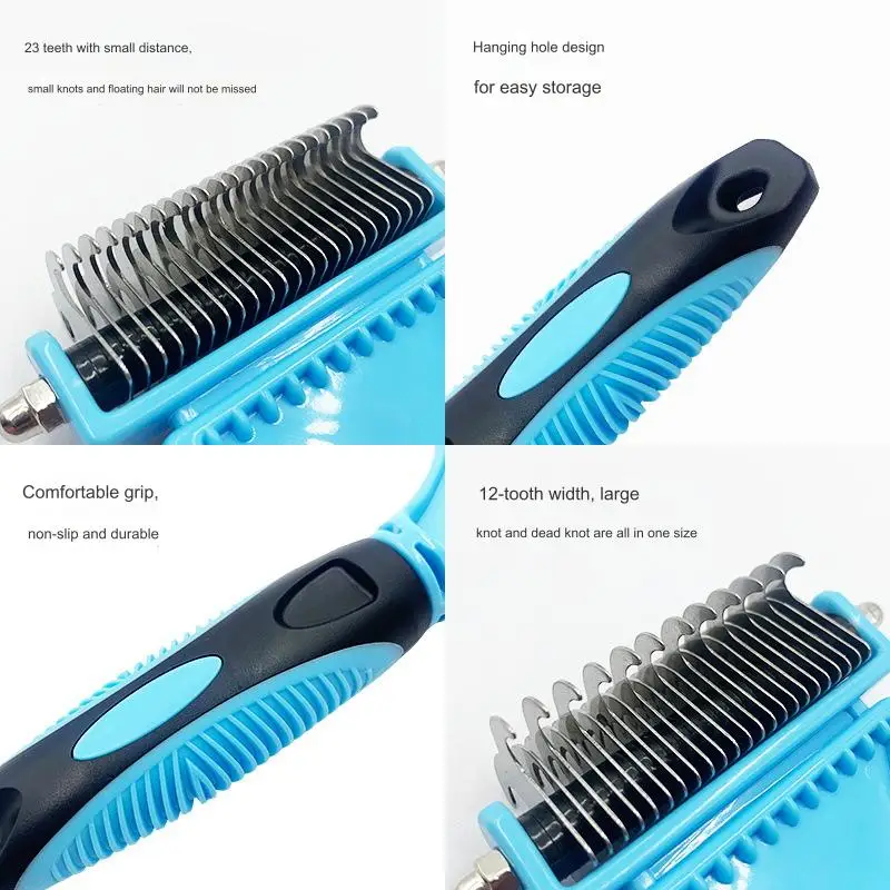 Pet Grooming Brush Double-Sided Blade Knot Comb Dog Knot Cat Hair Dematting and Deshedding Grooming Comb Rake Brush Tool