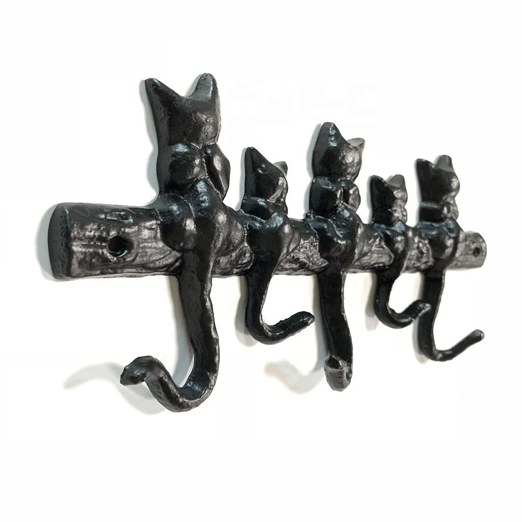 Animal Home Decorative Hanger Black Cat Metal Cast Iron Wall Mounted Hooks