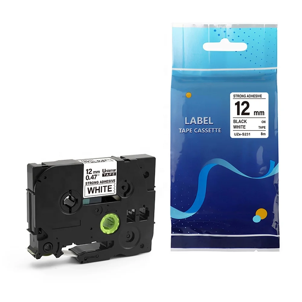 12mm laminated tz tape Strong Adhesive tze-S231 Compatible  Label Tape tz S231 Black on White For Brother P-touch Printer