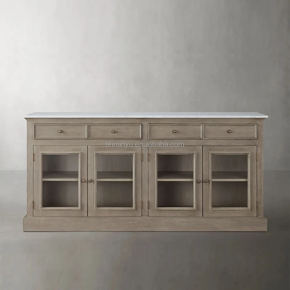Mid-century Antique Solid Wood Storage Sideboard Dining Room Furniture Marble Top Wood Curved Glass Buffet
