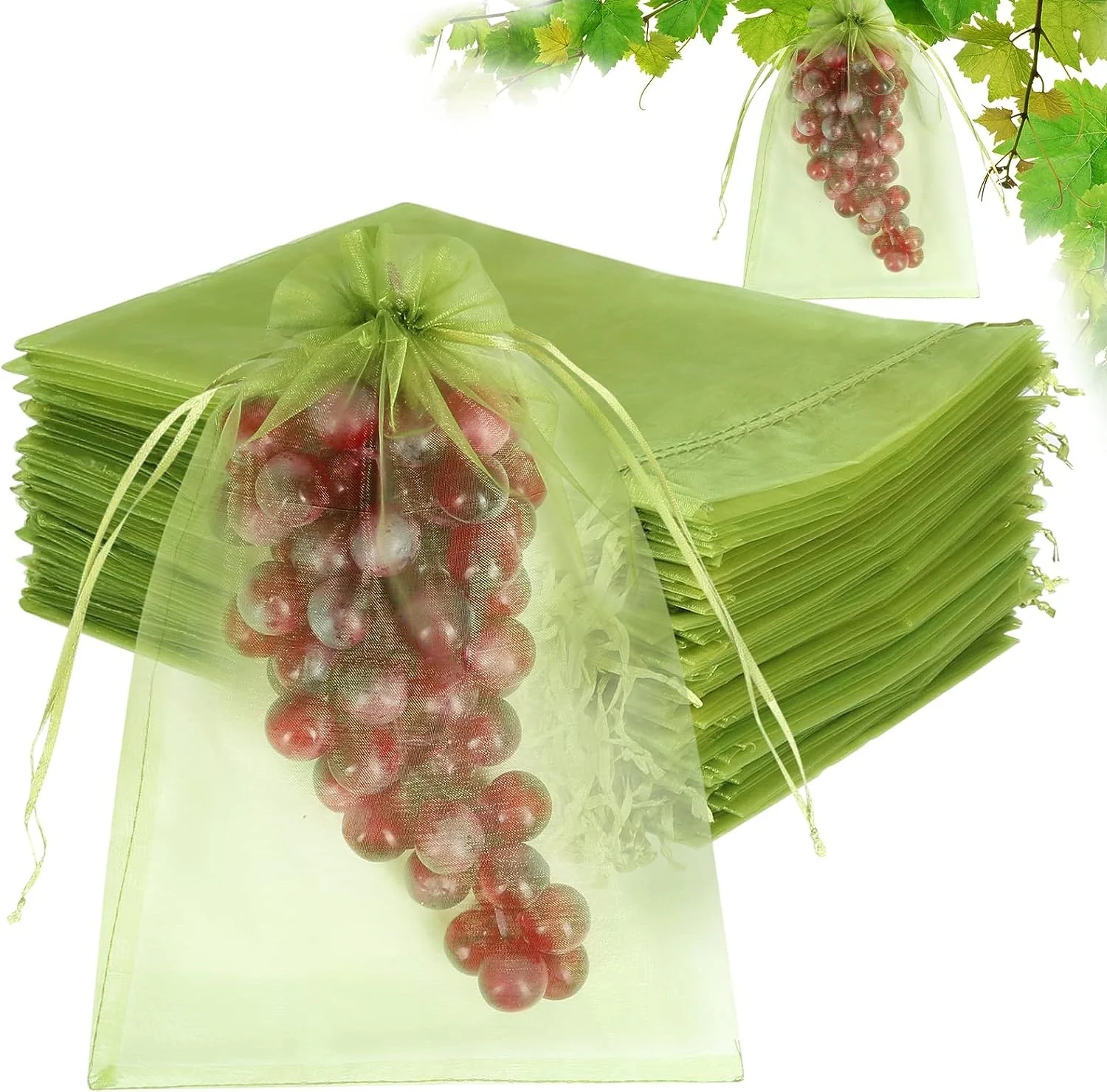 Fruit Protection Bags Green Netting Cover Bags Drawstring Mesh Fruit Protectors Pest Barrier Grapes Mango Fruit Trees Garden
