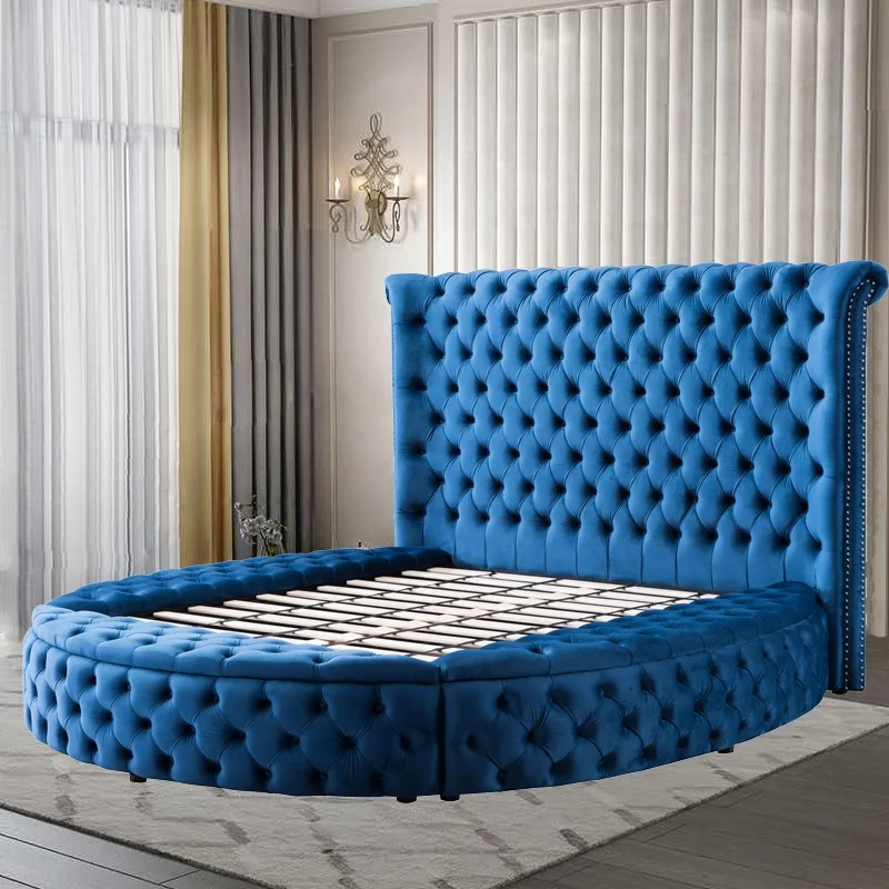 Dingzhi High Quality Bedroom Furniture Luxury High Headboard Blue King Fabric Camas Latest Modern Double Bed