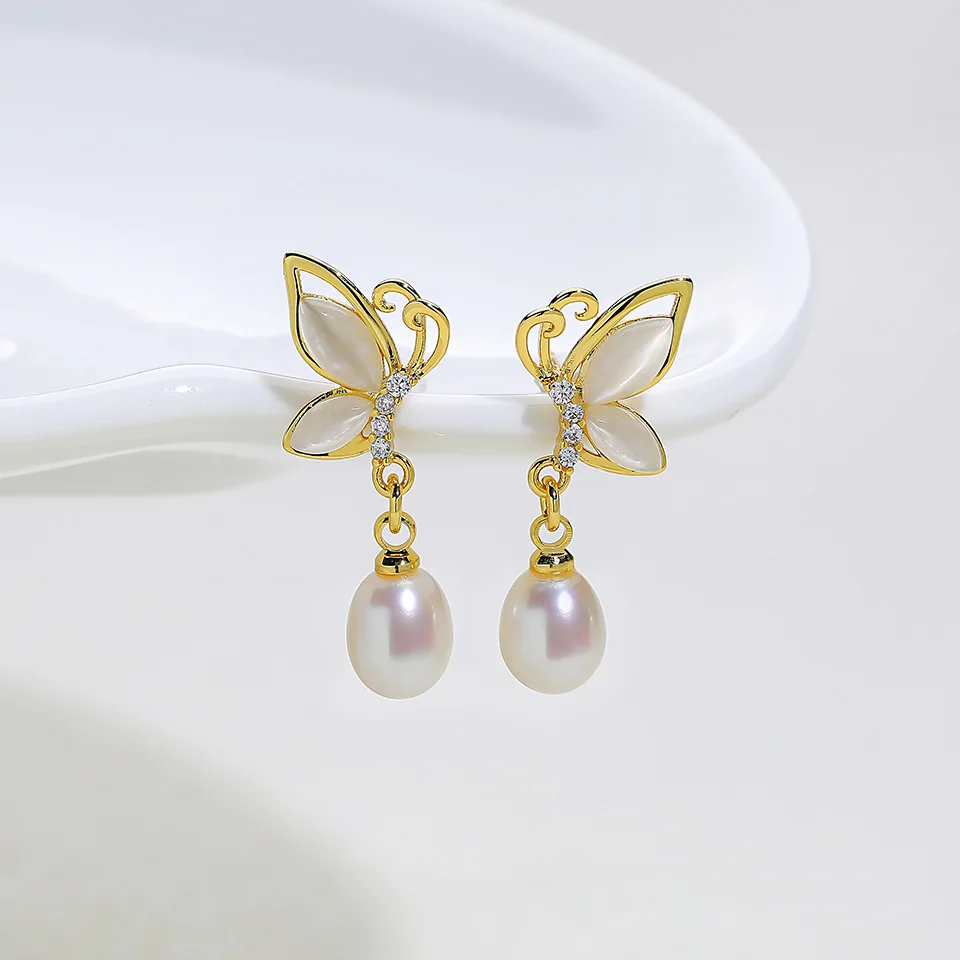 Top Selling Wedding Pendant Pearl Earrings Bridal Butterfly Zircon Gold Plated Drop Earrings