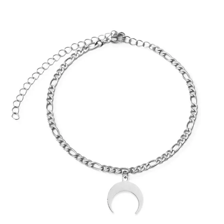 
SP Hot Selling Figaro Cuban Chain Anklet Moon Charm 18K Gold Stainless Steel Anklet 