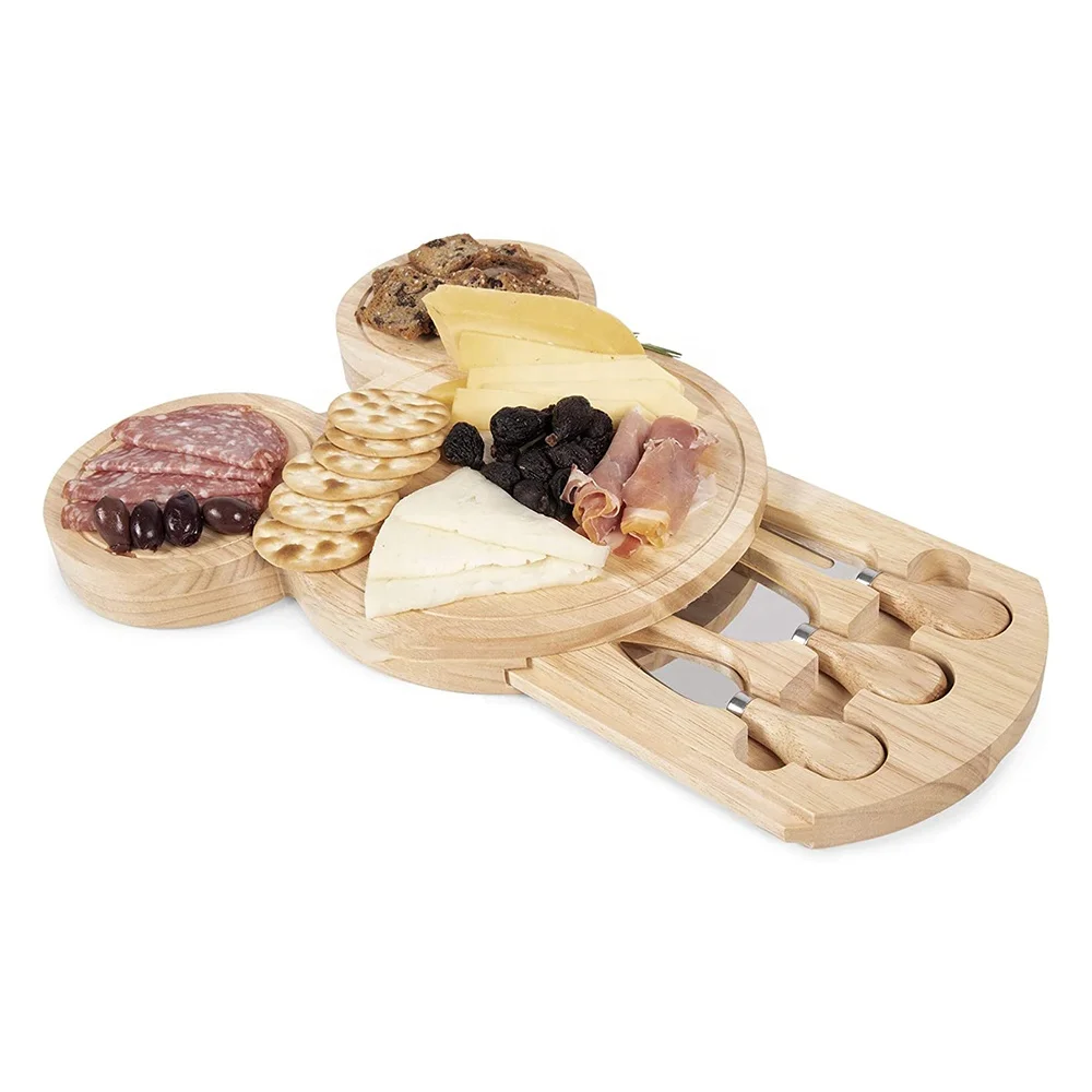 Mouse head shape rubber wood cheese board knife set for for meat, cheese, bread