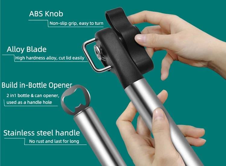 Safe Cut Design Can Opener Smooth Edge Stainless Steel Manual Cutting Can Opener with Beer Bottle Opener