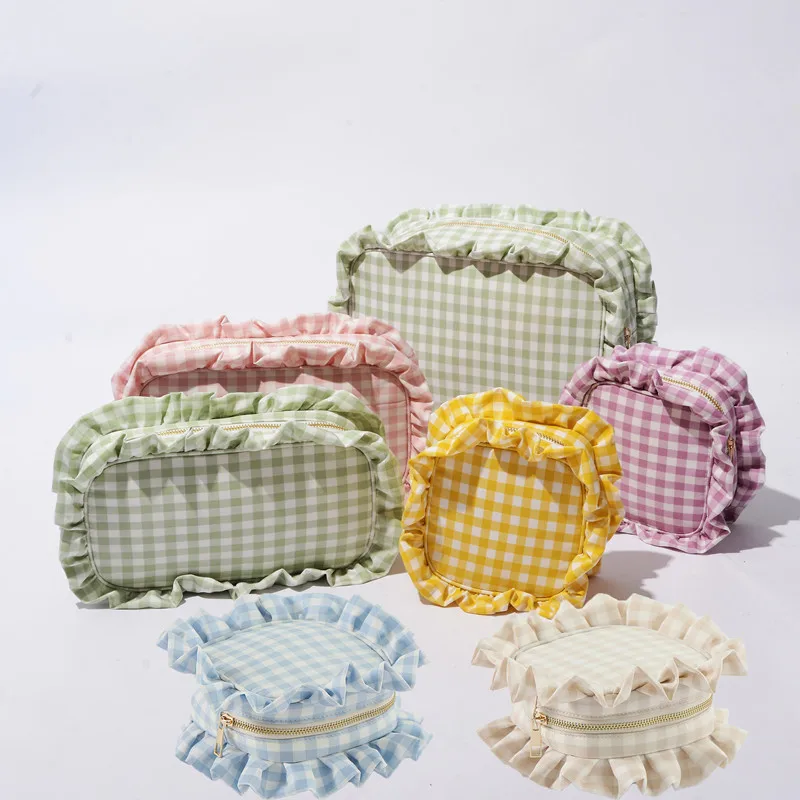 Custom Logo Mult Portable Travel Storage Gingham Plaid Ruffle  Pouch Zipper Cosmetic Accessories Makeup Organizers Make up Bag