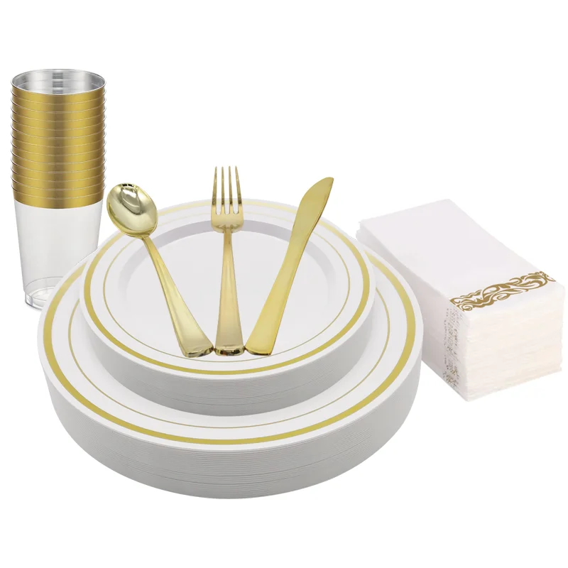 120 pieces gold rim dinner set plastic Dinnerware Set for party or wedding