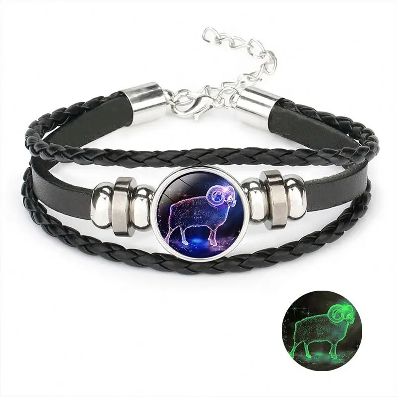 Hot Sale Dazzling Luminous 12 Horoscopes Adjustable Leather Bracelet For Men Women Fashionable Ornaments G191A