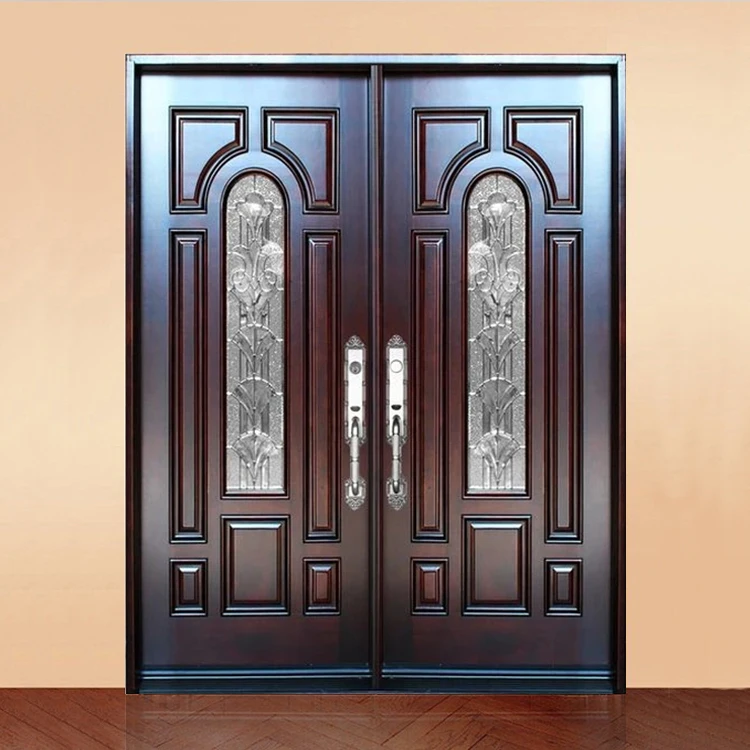 China foshan supplier exterior main entrance wood doors designs custom made fancy solid wooden double door