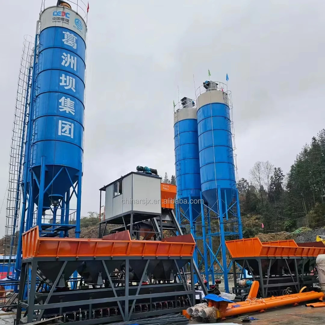 HZS50 50m3/h Concrete Batching Plant With 4 Units Aggregate Storage Hopper Cement Silos Concrete Mixing Plant