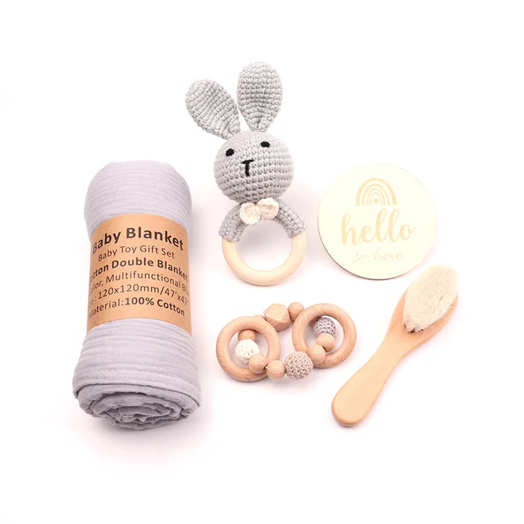 Newborn Toddler Shower Gift Set for Baby Boys and Girls Wooden Keepsake Muslin Bibs and Rattle in Elegant Gift Box