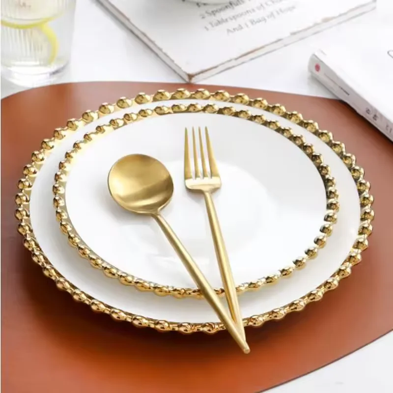 Luxury Tableware Porcelain Dining Dish Bowl Dinner Plate Set Party Wedding Ceramic Dinnerware Set with Golden Pearl Edge