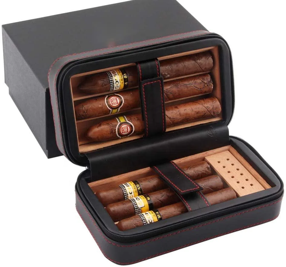 Removable Cedar Tray Cigar Humidor Case Cedar Wood Portable Cigar Travel Leather Humidor Box With Humidifier