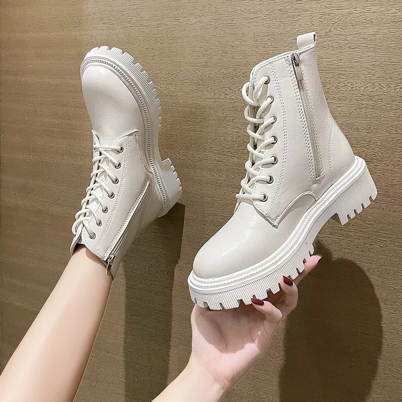 2022 Womens Combat Boots White PU Leather Motorcycle Boot Punk Gothic Shoes Fashion Lace Up Black Ankle Boots Female Shoes