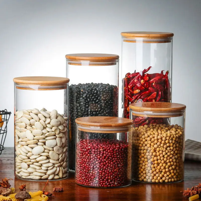 6.5*18cm Food Storage Glass Canisters with Airtight Bamboo Lid For Tea Coffee Beans Grains Candy Jar Containers