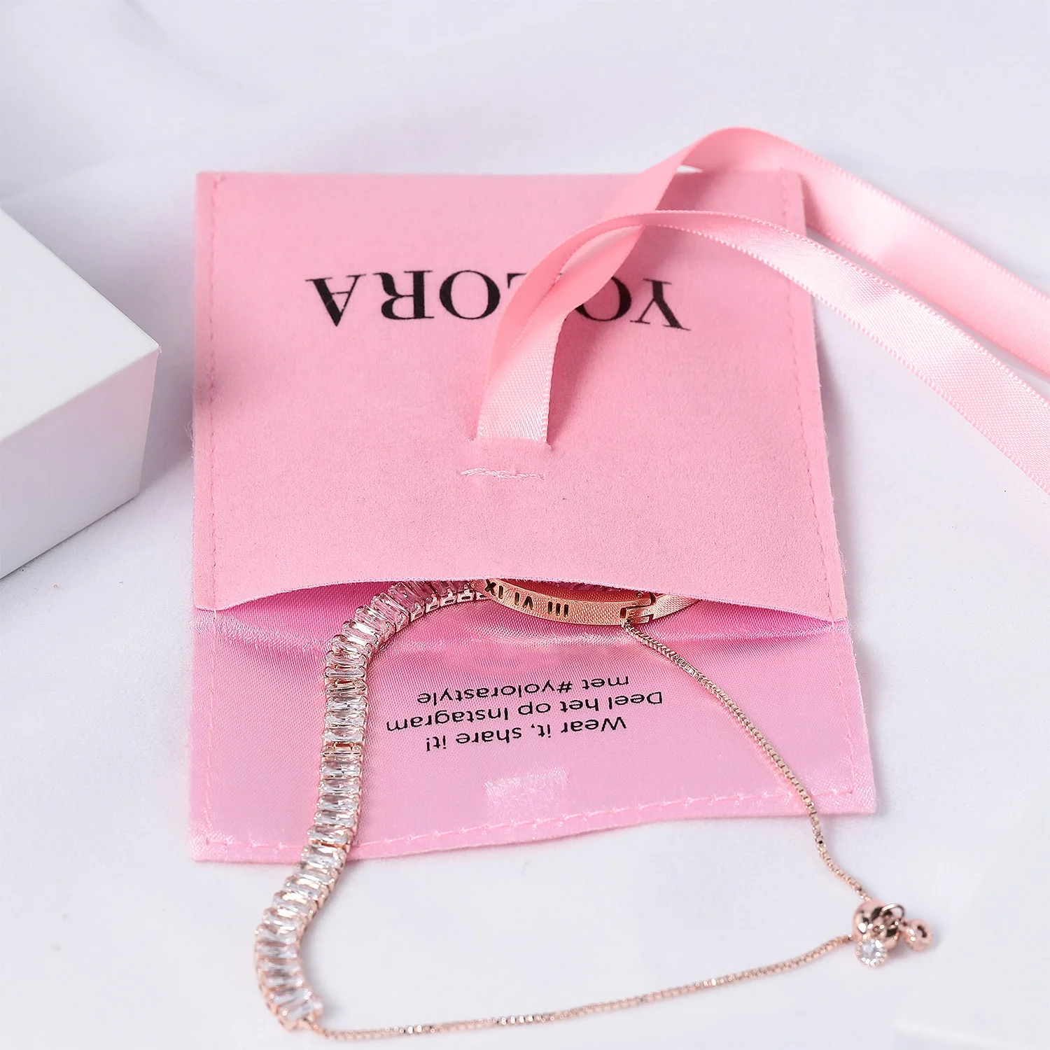 Custom logo satin lined necklace pouch pink envelope flap jewelry packaging velvet bag with bow-knot