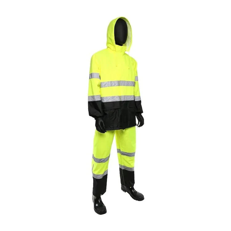 Factory Supply Yellow Hooded Waterproof High Visibility Reflective Safety Hi Vis Rainsuit