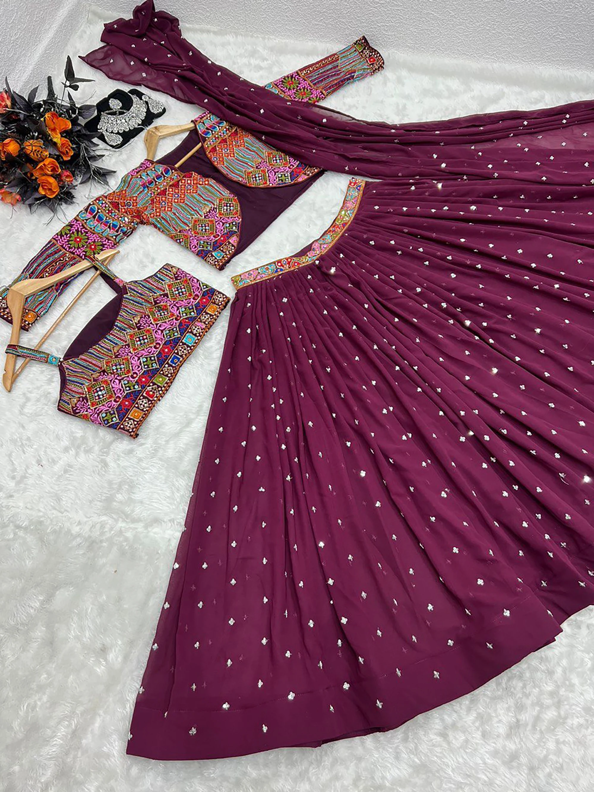 Readymade Indian Fox Georgette Embroidery Sequence Work And Printed Lehnga Choli With Dupatta, Party Wear Beautiful Dress