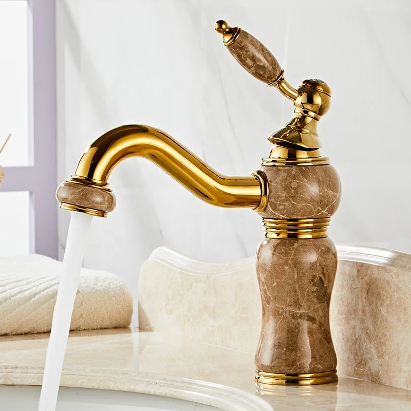 brass body gold plated bathroom basin mixer dark green jade wash basin tap