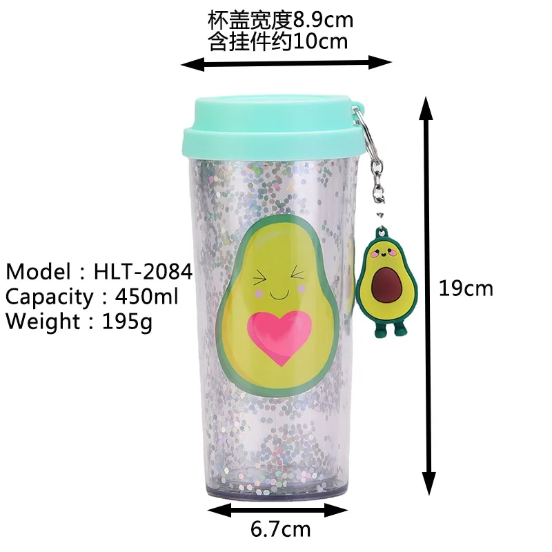 2024 New Double layer Plastic Cup Creative Cartoon Cute Avocado Cup Pendant Portable Outdoor Travel Cup
